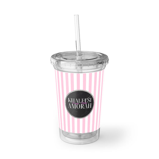 Khaleesi Amorah Design Studio pink and white stripe emblem logo Suave Acrylic Cup