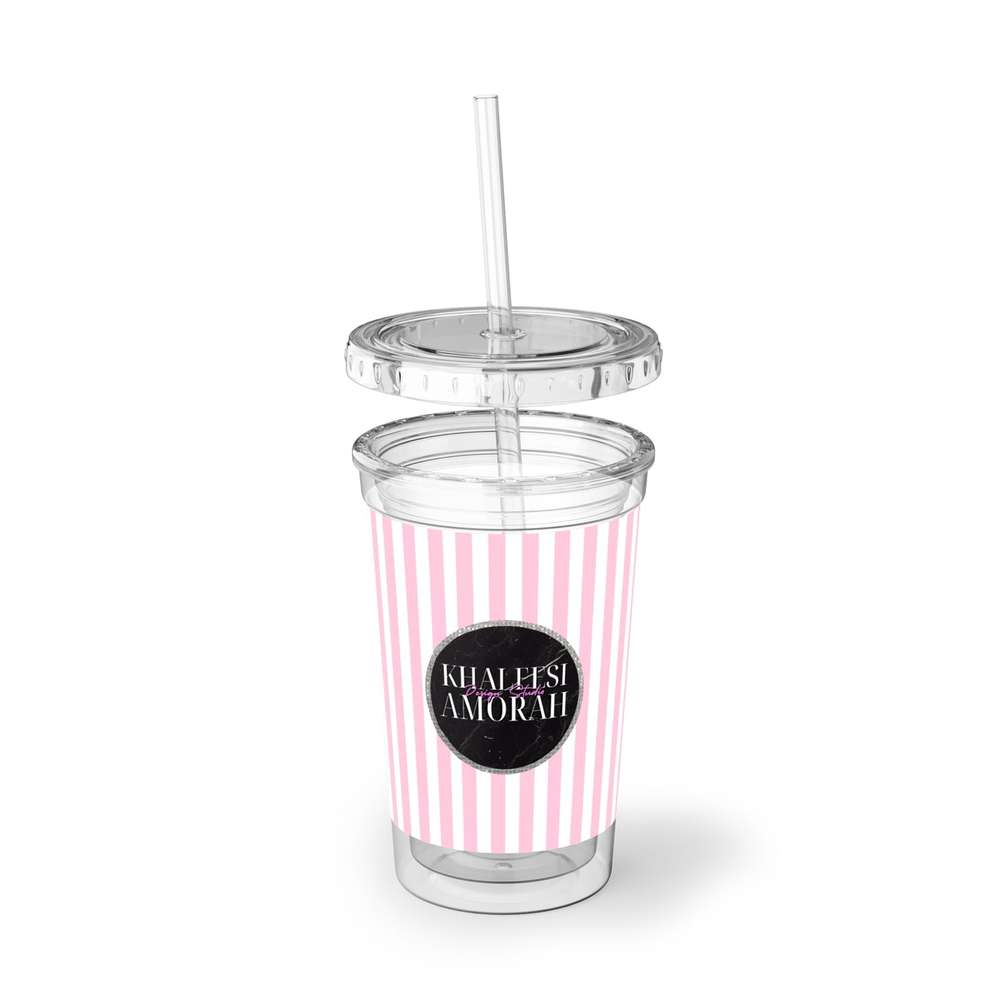 Khaleesi Amorah Design Studio pink and white stripe emblem logo Suave Acrylic Cup