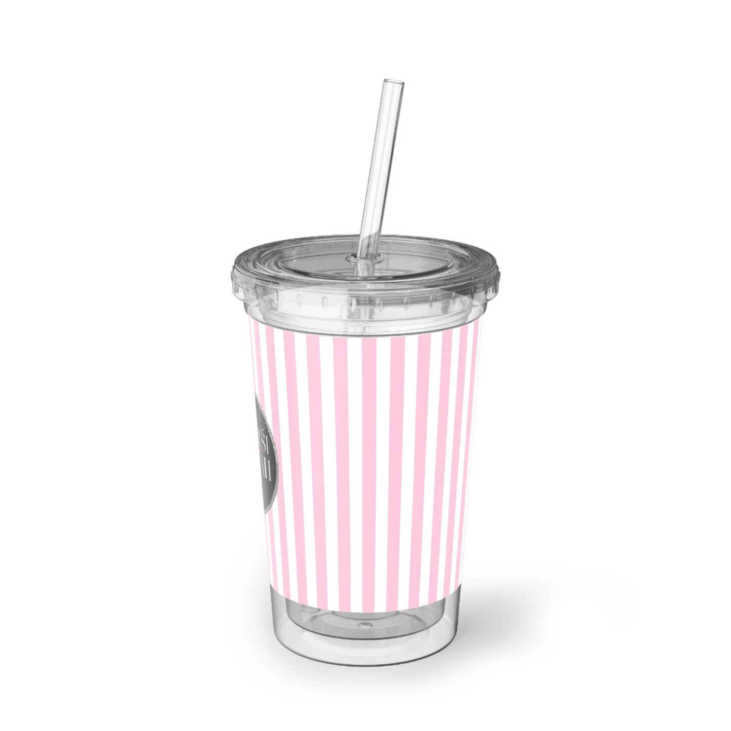 Khaleesi Amorah Design Studio pink and white stripe emblem logo Suave Acrylic Cup